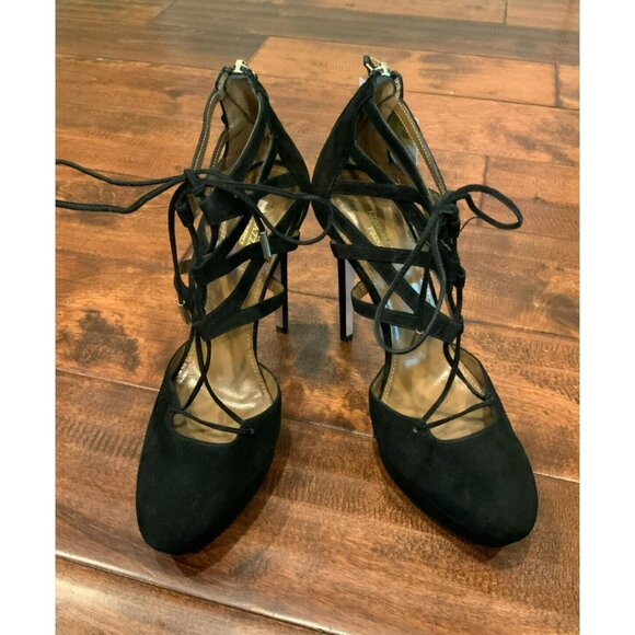 Aquazzura Black Suede Strappy Platform Heels, Size 39 (IT) 9 (US) - Picture 1 of 8